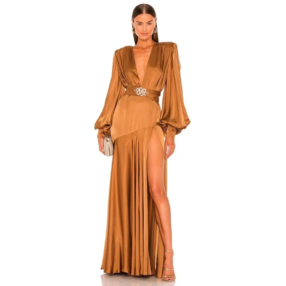 Lena Vie Drop Fall New High Quality Sexy V-Neck Pleated Lantern Sleeve Dress - Picture 1 of 13